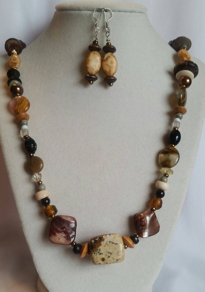 Wood Boho TheCountyMagpie Bone Shell Desert Jasper Necklace /& Earring Set Earth and Fire Statement Jewellery Natural Stone