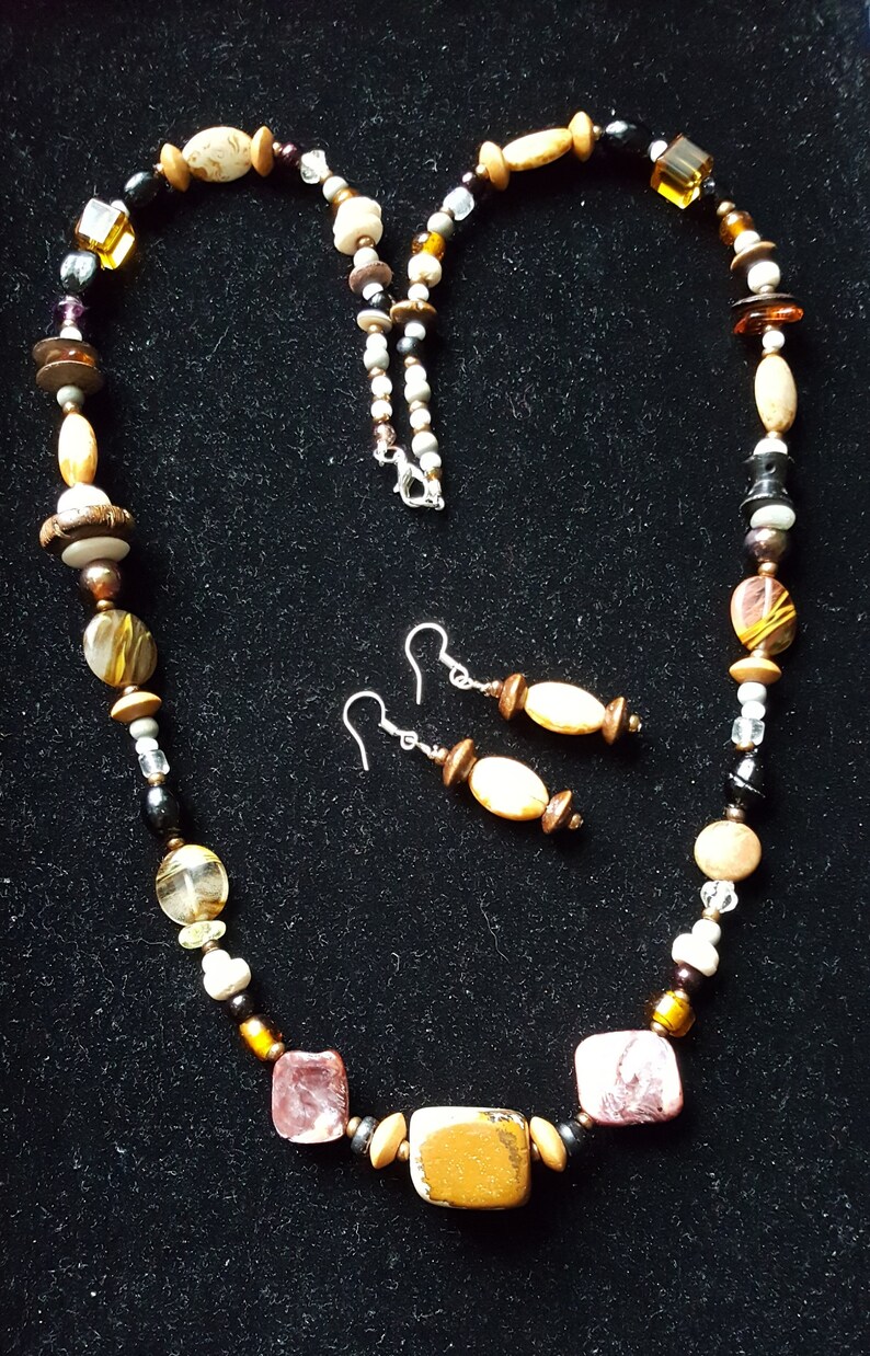 Wood Boho TheCountyMagpie Bone Shell Desert Jasper Necklace /& Earring Set Earth and Fire Statement Jewellery Natural Stone