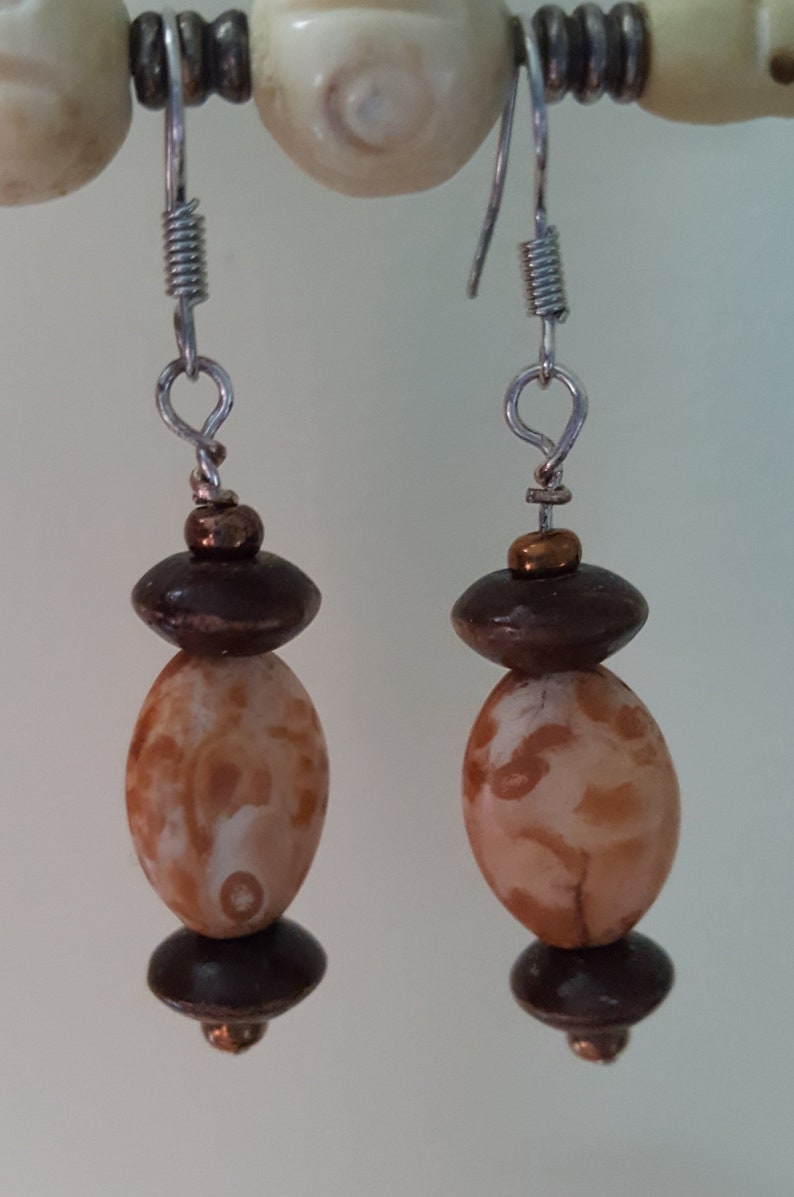 Wood Boho TheCountyMagpie Bone Shell Desert Jasper Necklace /& Earring Set Earth and Fire Statement Jewellery Natural Stone