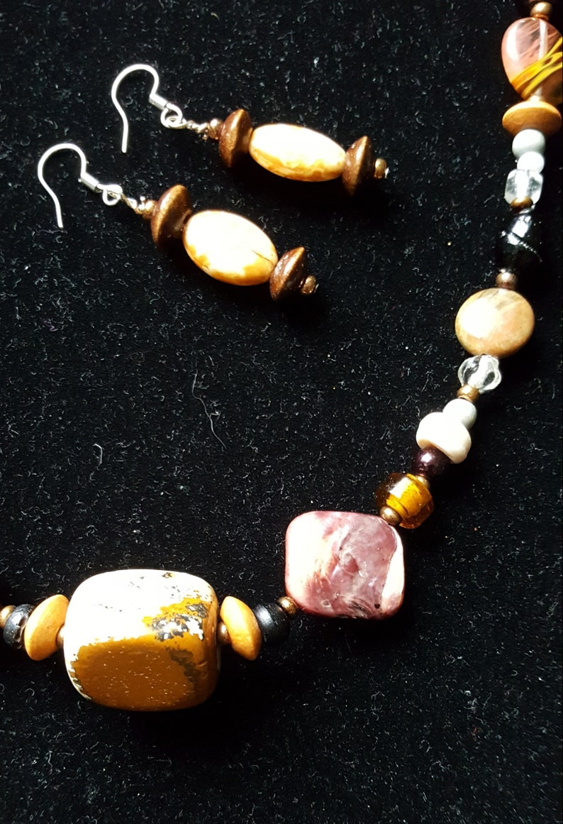 Wood Boho TheCountyMagpie Bone Shell Desert Jasper Necklace /& Earring Set Earth and Fire Statement Jewellery Natural Stone