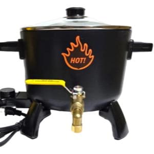 May include: Black electric wax melter with a stainless steel lid, a yellow handle, and a faucet. The melter has a red flame graphic with the word "HOT!" on it.
