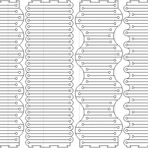 May include: A black and white line drawing of a pattern with repeating circles and lines. The pattern is divided into four sections, each with a slightly different design.