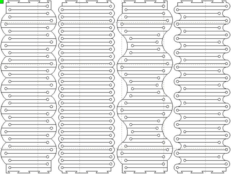 May include: A black and white line drawing of a pattern with repeating circles and lines. The pattern is divided into four sections, each with a slightly different design.