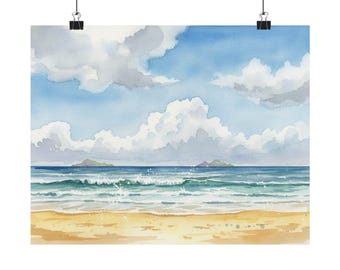 Watercolor Beach Seascape Matte Horizontal Poster | Seaside, Oregon