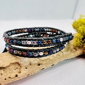 Double Beaded Leather Wrap Bracelet, Beaded Bracelet, Leather Beaded Bracelet, Czech Beaded Bracelet