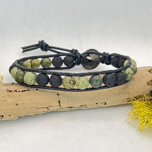 Single Beaded Leather Wrap, Beaded Leather Wrap Bracelet, Leather Jewelry, Leather Bracelet, Serpentine and Lava Bead Bracelet