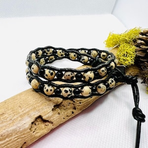 Dalmation Jasper Double Leather Wrap Bracelet, Beaded Bracelet, Leather Bracelet, Wrap Bracelet