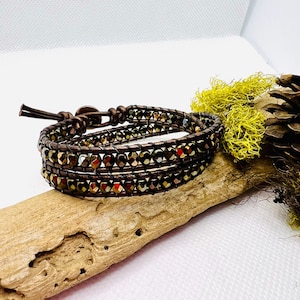 Double Beaded Leather Wrap, Bronze Beaded Leather Bracelet, Beaded Bracelet