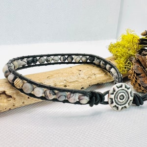 Single Beaded Leather Wrap, Beaded Leather Wrap Bracelet, Leather Jewelry, Leather Bracelet, Picasso Jasper Bracelet