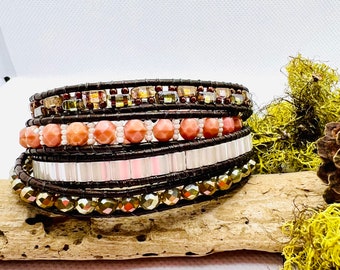 Multi wrap Leather Bracelet, 4x wrap Beaded Leather Bracelet, Leather Beaded Wrap, Leather Jewelry