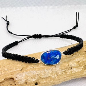 Lapis Lazuli Sterling Silver Macrame Adjustable Bracelet, Bohemian Jewelry, Macramé Jewelry, Boho Bracelet
