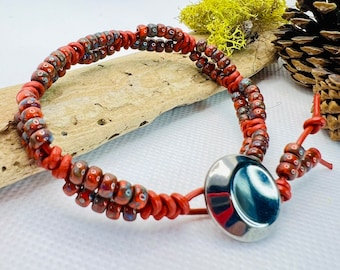 Red Picasso Seed Bead Leather Wrap Bracelet, Boho Jewelry