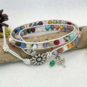 Double Beaded Leather Wrap Bracelet, Beaded Bracelet, Leather Beaded Bracelet, Multi gemstone Beaded Bracelet