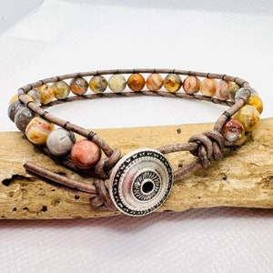 Single Beaded Leather Wrap, Beaded Leather Wrap Bracelet, Leather Jewelry, Leather Bracelet, Ocean Jasper Bracelet