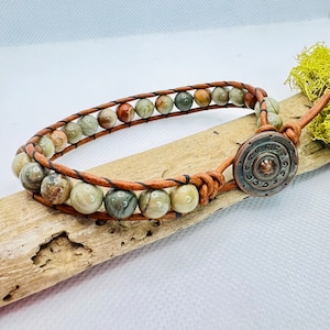 Single Beaded Leather Wrap, Beaded Leather Wrap Bracelet, Leather Jewelry, Leather Bracelet, Silver Mist Jasper Bracelet