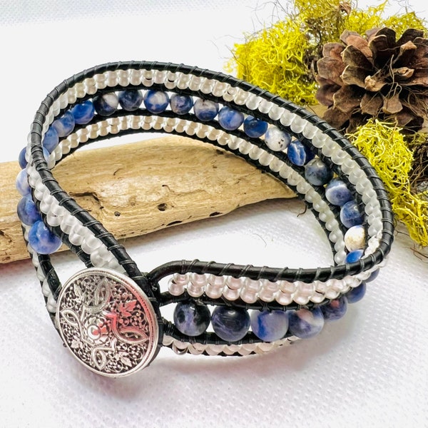 Beaded Leather Cuff, Sodalite Beaded Cuff, Leather Cuff, Beaded Cuff