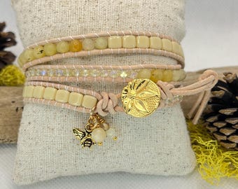 Yellow Jade Leather Wrap Bracelet, Czech Glass, Honeybee Charm