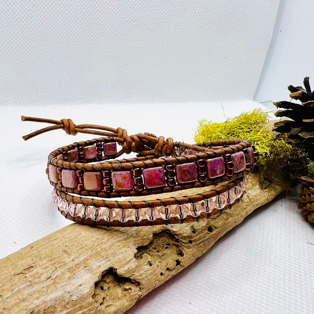 Double Beaded Leather Wrap Bracelet Beaded Bracelet Leather Etsy