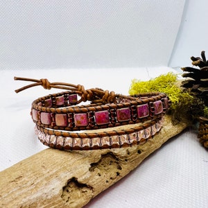 Double Beaded Leather Wrap Bracelet, Beaded Bracelet, Leather Beaded Bracelet, Czech Beaded Bracelet