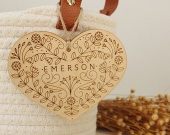 custom wooden heart valentines basket tag • folk art valentines personalized heart