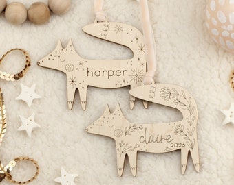 custom wood fox christmas name ornament • folksy personalized woodland animal holiday gift tag • heirloom family tradition keepsake