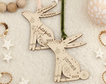 custom wood rabbit christmas name ornament • folksy personalized pet bunny holiday gift tag • heirloom family tradition keepsake