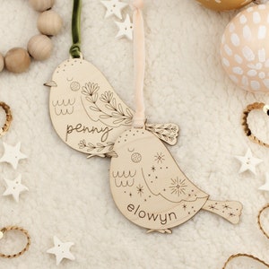 custom wood bird christmas name ornament • folksy personalized pet holiday gift tag • heirloom family tradition keepsake