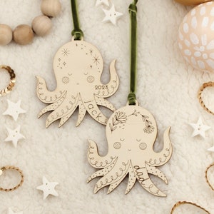 custom wood octopus christmas name ornament • folksy personalized sea animal holiday gift tag • ocean heirloom family tradition keepsake