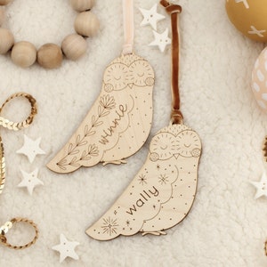 custom wood owl christmas name ornament • folksy personalized bird holiday gift tag • heirloom family tradition keepsake • bird lover gift