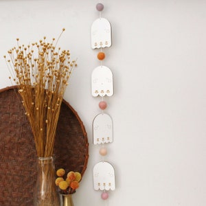 floral wood vertical folk ghost halloween garland with felt pom poms spooky mantel decor cute pink halloween not scary decorations image 2