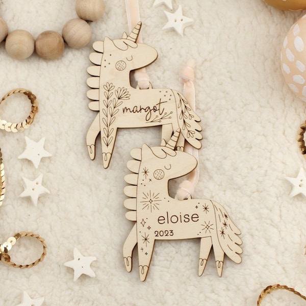 personalized wood unicorn christmas ornament • folksy custom mythical animal holiday gift tag • 2022 fantasy name stocking tag