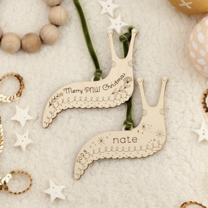 custom wood slug christmas name ornament • folksy personalized unique insect holiday gift tag • heirloom family tradition keepsake