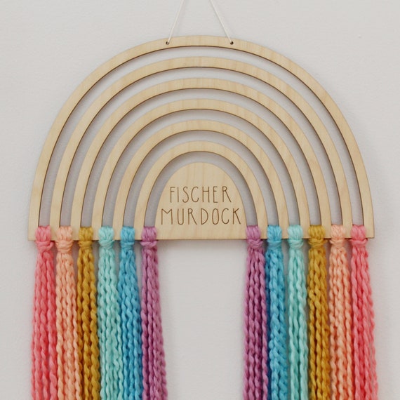 Personalized Wood Rainbow Wall Hanging Custom Boho Yarn Art Etsy