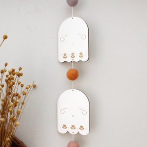 floral wood vertical folk ghost halloween garland with felt pom poms spooky mantel decor cute pink halloween not scary decorations image 3