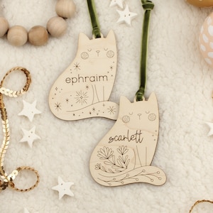 personalized wood sitting cat christmas ornament • folksy custom pet holiday gift tag • 2022 kitty name stocking tag