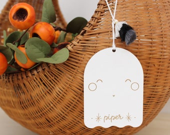 wooden folk ghost custom halloween name tag •  personalizes boo basket tag