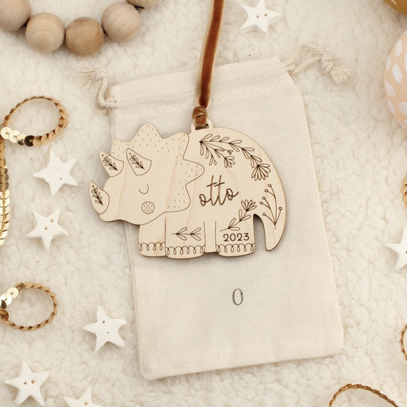 custom wood triceratops christmas name ornament folksy personalized dinosaur holiday gift tag heirloom family tradition keepsake flowers, cursive