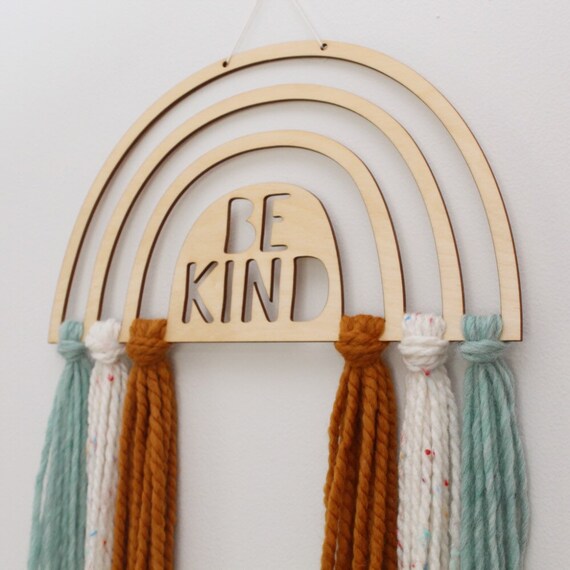 Be Kind Rainbow Wooden Yarn Art Wall Hanging Boho Yarn Wall Etsy