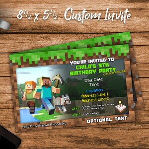 May include: A Minecraft-themed birthday party invitation with a green background and a picture of two Minecraft characters. The invitation includes the text "You're invited to Child's 9th Birthday Party", "Day, Date", "Time", "Location", "Address Line 1", "Address Line 2", "Likes", "Wears", and "RSVP to: Name Phone No."