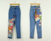 Rainbow patched mom jeans hippie vintage denim music festival clothing - 26 quot waist