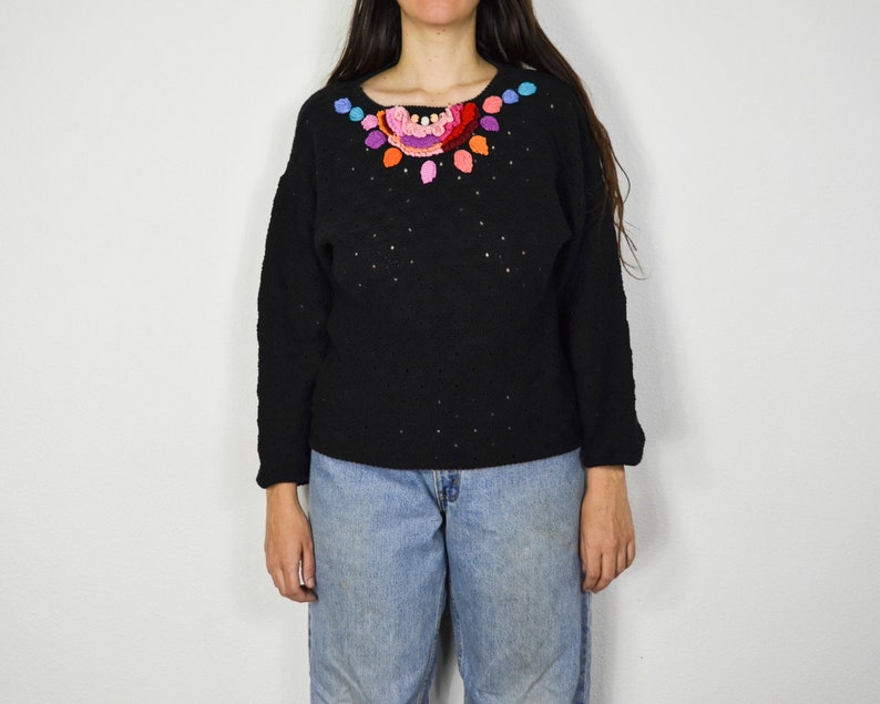 Pointelle sweater with crochet appliques see through sweater women Large