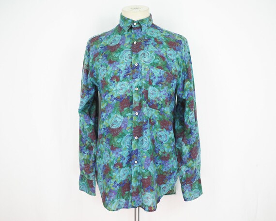 Blue floral shirt soft rayon button down shirt women vintage | Etsy