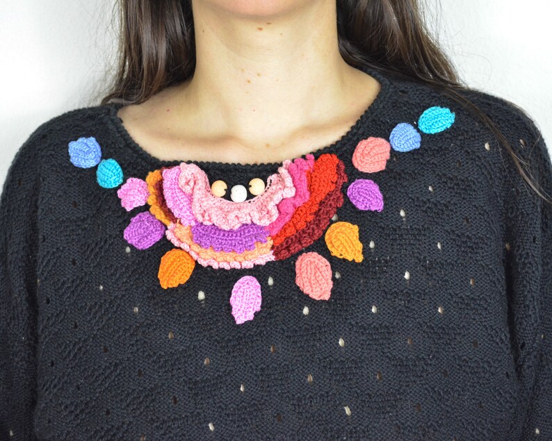 Pointelle sweater with crochet appliques see through sweater women Large