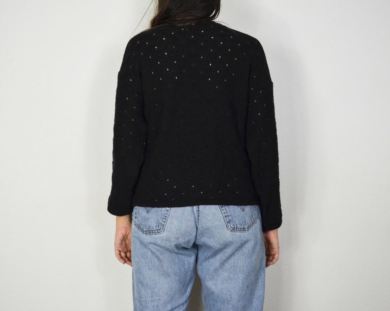 Pointelle sweater with crochet appliques see through sweater women Large