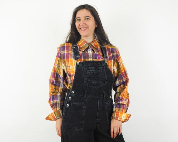 80s Colorful plaid silk blouse womens button up sh