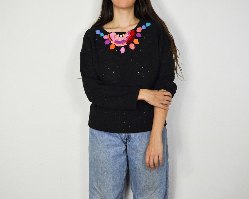Pointelle sweater with crochet appliques see through sweater women Large