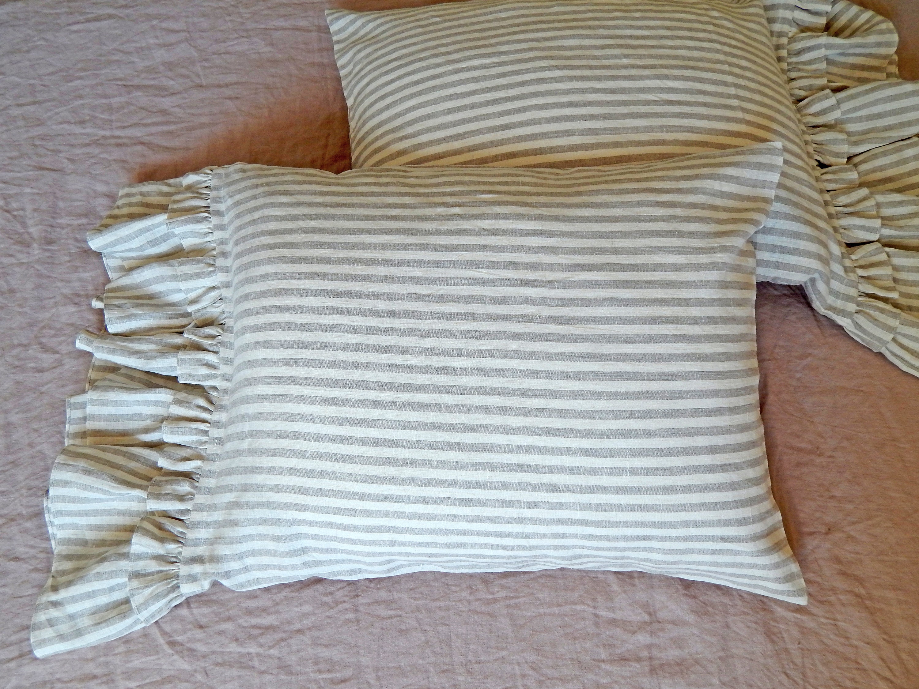 Ruffled linen pillowcase Striped ruffle pillow Stone washed Etsy