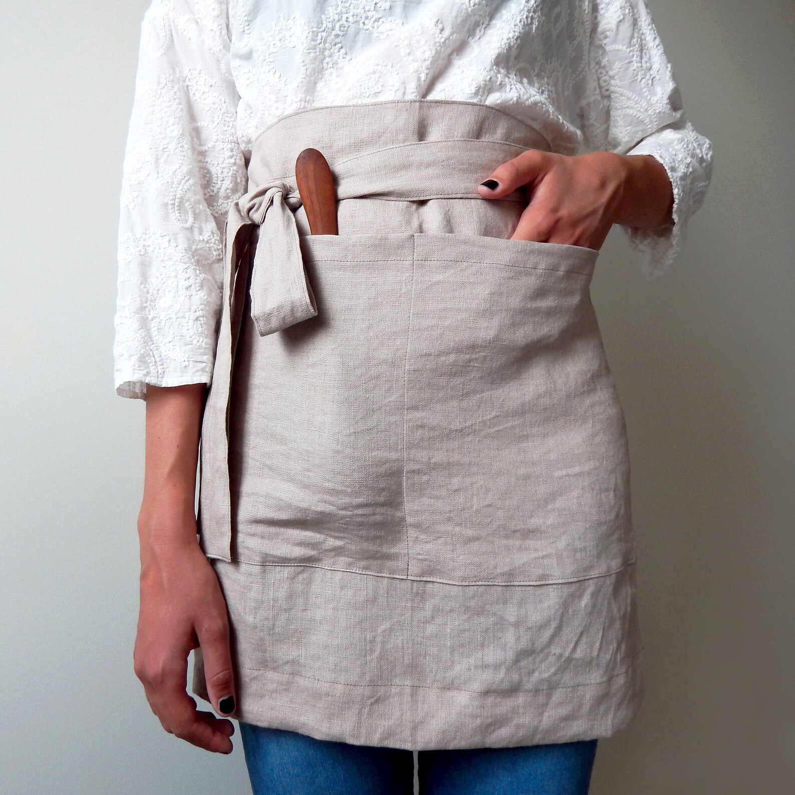 Linen Apron Cafe Apron Half Apron Rustic Apron Stonewashed Etsy