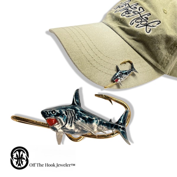 Shark HookIt© Fishing Hat Clip - Fishing Hat Pin -  Brim Clip - Fish Hook Hat Pin - Fish Hat Hook