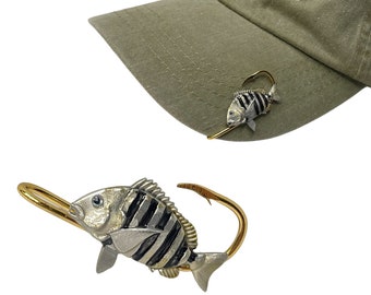 Fishing Hook for Hat Bill or Brim Metallic Gold Finish Gold Fish